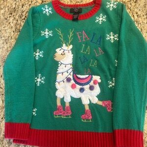 Festive Green and Red Sweater with Llama Design like new girls large